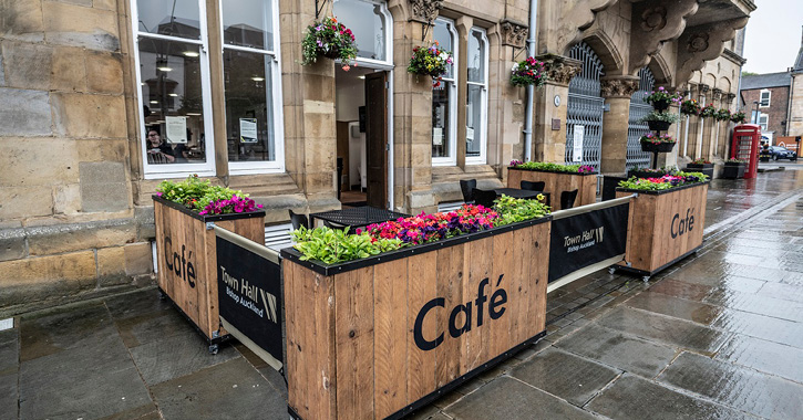 Outside of Bishop Auckland Town Hall cafe